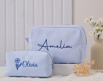 Personalized Embroidered Makeup Bag with Name and Birth Flower, Custom Bridesmaid Makeup Bag