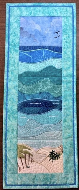 Quilted  Wall Hanging or Table Mat Beach Scene, Embroidered Blue/Teal…