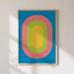 Retro-Pop-Art-Kunstdruck mit konzentrischen Regenbogenformen, Poster in Blau, Rosa, Gelb und Grün, abstraktes Dekor im Stil der 70er Jahre, digitaler Download