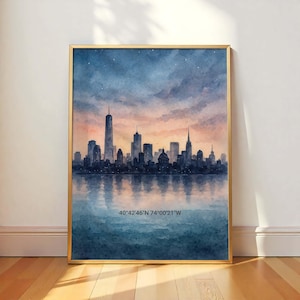 City Skyline Watercolor Print Panoramic Urban Silhouette Sunset Wall Art, Modern Home Living Room Wall Decor, Printable Wall Art Decor