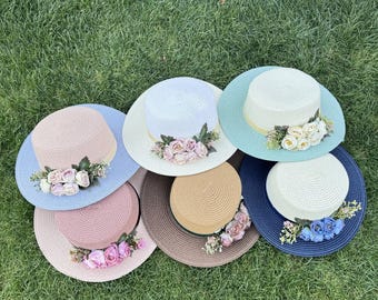 Flower flat-top straw hat women&#39;s new summer outdoor travel color matching beach hat