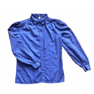Pode incluir: Uma camisa azul de manga comprida com botões, colarinho branco e pequenos pontos brancos.