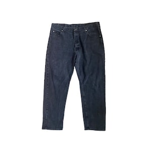 May include: A pair of dark blue denim jeans.