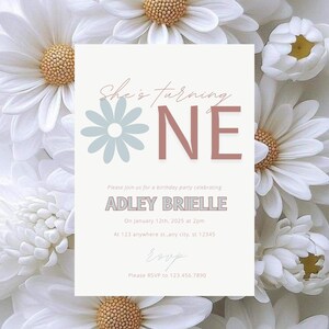 Birthday Invitation Template, Flower Pastel Theme Template Daisy Birthday Invitation, Flower 1st Birthday Invite, Girls 1st Birthday