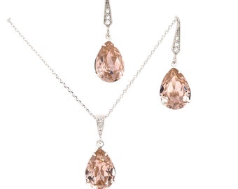 Bridal Jewelry Set, Swarovski Crystal, Blush Rose, Bridal Necklace Earring, Teardrop Crystal, Rose Pink, Wedding Jewelry, Bridesmaid, Silver