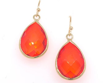 Deep Orange Teardrop Earrings, Orange Crystal Earrings, Orange Glass Dangle Earring, Red Orange Earring, Gold, Summer Beach Earrings