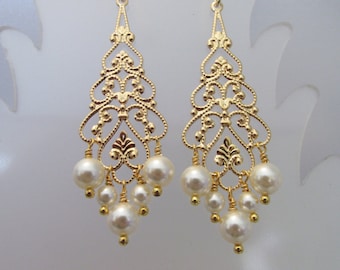 Pearl Earring, Pearl Filigree Earring, Swarovski Crystal Earring, Bride Earring, Pearl Chandelier Earring, Pearl, Bridesmaid, Wedding, Gold