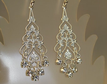 Swarovski Crystal Earring, Filigree Crystal Earring, Gold, Silver, Wedding, Bride, Crystal Chandelier, Bridesmaid, Silver, Swarovski, Dangle