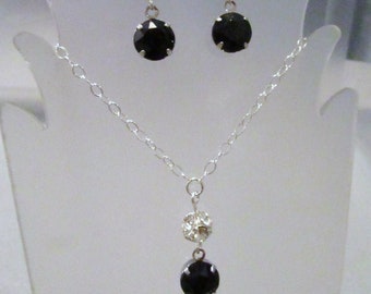 Swarovski Jet Black Crystal Earring, Necklace, Set, Crystal Drop, Bridesmaid, Swarovski, Wedding, Dangle, Sterling Silver, Other Colors