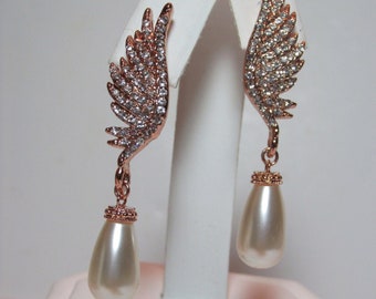 Long Angel Wing Earring, Swarovski Crystal Pearl Rhinestone Earring, Rose Gold Wedding Earring, Pearl Pave Crystal Feather Earring, Bride