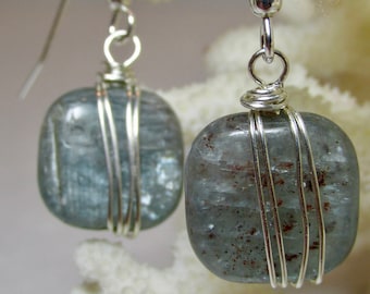 Kyanite Earrings, Wire Wrapped Green Kyanite Earrings, Kyanite Drop, Sterling Silver, Gemstone Earring, Wrapped Earring, Blue Green Earring