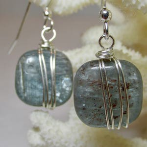 Kyanite Earrings, Wire Wrapped Green Kyanite Earrings, Kyanite Drop, Sterling Silver, Gemstone Earring, Wrapped Earring, Blue Green Earring