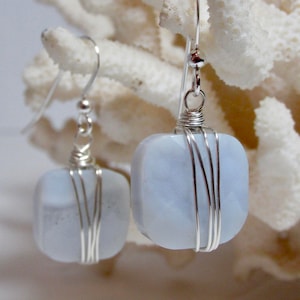 Blue Lace Agate Earring, Wire Wrapped Blue Lace Agate, Agate Drop, Sterling Silver, Blue Agate, Gemstone Earring, Wrapped Earring, Blue Lace