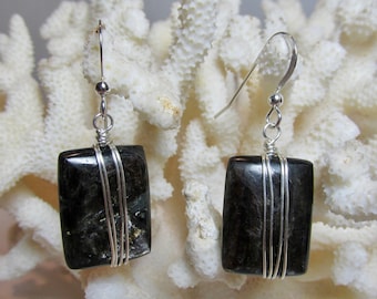 Mica Earrings, Wire Wrapped Mica, Mica Dangle, Sterling Silver, Wrapped Mica Earring, Black,  Earring, Wire Wrapped, Black Dangle, Drop