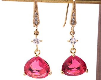 Long Ruby CZ Earring, Ruby Earring, Red Earring, Long Dangle Earring, Gold, Silver, Ruby Red Teardrop, Bridesmaid, Wedding, Pave CZ Earwires