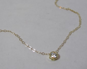 Dot Necklace, CZ Solitaire Necklace, Tiny CZ Necklace, Layering Necklace, CZ Drop, Minimalist Necklace, Wedding, Bride, Solitaire, Gold, 17"