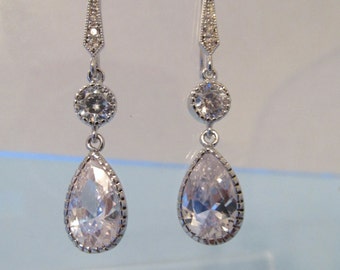 CZ Earring, Wedding Earring, CZ Teardrop Dangle Earrings, Teardrop Earrings, Bride, Bridesmaid, Silver, Dangle, Teardrop, Crystal, Earring