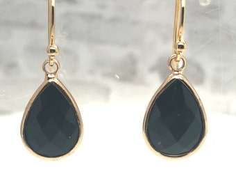 Black Teardrop Earring, Black Crystal Earrings, Black Glass Dangle Earring, Classic Earring, Bridesmaid Earring, Wedding, Pear, Gold Earring