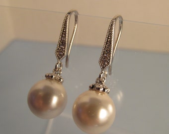 Swarovski Crystal Pearl Earring, Pearl Earring, Pearl Drop, Bride, Bridesmaid, Swarovski,Minimalist Pearl, Wedding, Sterling Silver, CZ