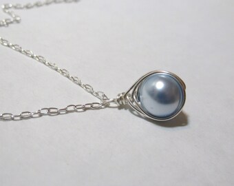 Pearl Necklace, Wrapped Pearl Necklace, Minimalist Necklace, Solitaire Pearl, Blue, Pearl, Swarovski, Pendant, Bridesmaid, Sterling, Silver