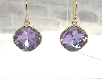 Faceted Lavender Glass Earrings, Lavender Crystal Earrings, Purple Dangle Earring, Square Earrings, Summer Earring, Violet, Gold Earring