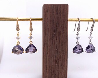 Tanzanite CZ Earring, Tanzanite Earring, Purple Earring, Long Dangle Earring, Gold, Silver, Bridesmaid Earring, Wedding, Pave CZ Earwires