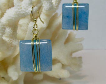 Wire Wrapped Jade, Blue Malaysian Jade, Wire Wrapped Earring, Blue Earring, Wire Wrapped, Jade, Gemstone, Blue, Dangle, Drop, Gold, Silver