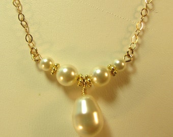 Swarovski Crystal Pearl Necklace, Pearl Necklace, Swarovski Crystal, Pearl Drop, Minimalist Necklace, Bride, Wedding, Bridesmaid, Gold, 16"