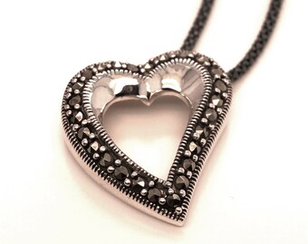 Sterling Marcasite Heart Necklace, Antiqued Sterling Silver Marcasite Heart Necklace, Anniversary Necklace, Sweetheart Necklace, Mothers Day