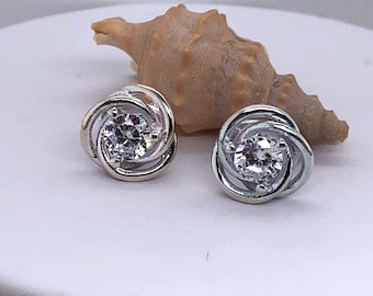 Silver CZ Knot Earring, Twisted Silver Knot Stud Earring, CZ Earring, Minimalist, Silver Knot Earring, Wedding, Silver Stud Post Earring