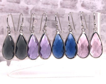 Teardrop Crystal Earrings, Raindrop Earrings, Lavender, Black, Pink, Blue Glass Dangle Earrings, Silver Earring, Wedding, Mother, Birthday