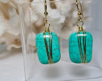 Turquoise Earring, Wire Wrapped Turquoise, Wire Wrapped Earring, Wrapped Stone, Turquoise, Blue, Gemstone, Silver, Gold, Rose Gold, Bronze