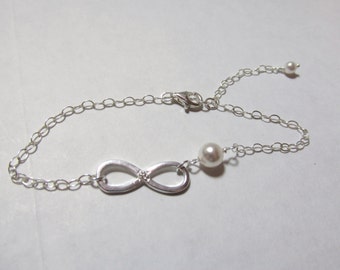 Infinity Bracelet, Pearl Infinity Bracelet, Infinity CZ, Eternity Bracelet, Love, Pearl, Bride, Bridesmaid, Anniversary, Sterling Silver, CZ
