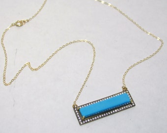 Turquoise Necklace, Turquoise Bar Necklace, Turquoise Pave White Topaz, Bar Necklace, Layering Necklace, Turquoise White Topaz, Gold, 18 in