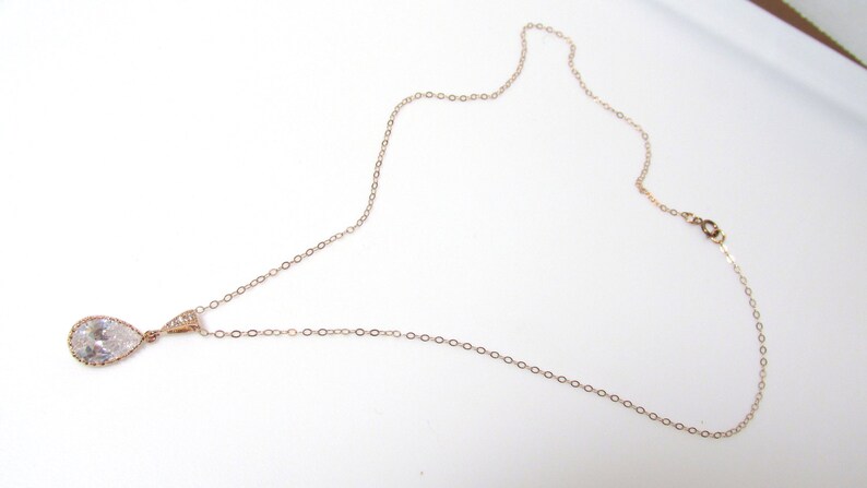 CZ Drop Teardrop Necklace Cubic Zirconia CZ Drop Necklace Wedding Bride Rose Gold CZ Necklace Minimalist Necklace 18 In. Bridesmaid