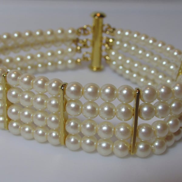 Pearl Bracelet, Thin Pearl Cuff, 4 Strand Pearl Cuff, Pearl Wedding Bracelet, Bridal Pearl Bracelet, Bride, Wedding, Bridesmaid, Pearl Gold