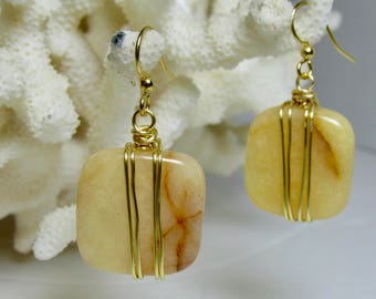 Wire Wrapped Calcite, Yellow Earring, Calcite Earring, Wire Wrapped, Calcite, Gemstone, Cream, Dangle Earring, Drop Earring, Gold, Silver