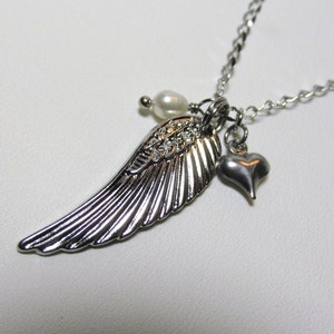 Guardian Angel Necklace, Angel Wing Necklace, Wing Necklace, Angel Wing Dangle, Silver Wing Pearl Heart, Stainless Steel Wing Necklace, 18