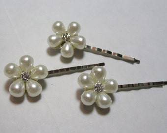 Pearl Hair Pin, Pearl Rhinestone Hair Pin, Pearl Crystal Hair Pin, Wedding, Bride, Hair Pin, Silver, Pearl, Rhinestone, Bobby Pin, Crystal