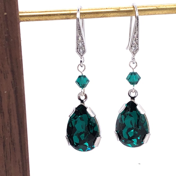 Emerald Swarovski Crystal Earring Green Crystal Earring Emerald Teardrop Earring Swarovski Crystal Dangle Green Earring Pave CZ Silver Etsy