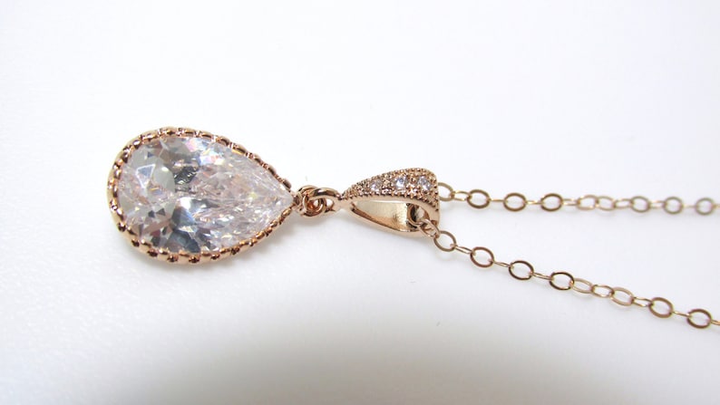 CZ Drop Teardrop Necklace Cubic Zirconia CZ Drop Necklace Wedding Bride Rose Gold CZ Necklace Minimalist Necklace 18 In. Bridesmaid