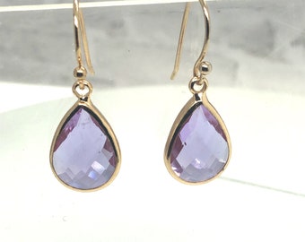 Lavender Teardrop Earrings, Lavender Crystal Earrings, Lavender Glass Dangle, Purple Earrings, Paste, Summer Earring, Violet, Gold Earring