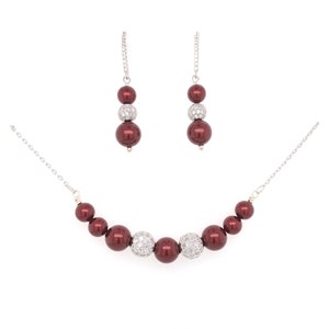 Pearl Necklace, Pearl Earring, Swarovski Crystal, Burgundy, Bridesmaid Set, Bordeaux, Silver, Fireball, Bar, Pearl, Wedding Jewelry