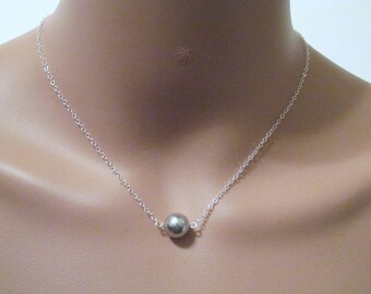 Pearl Necklace, Pearl Solitaire Necklace, Swarovski Crystal, Pearl, Single Pearl, Grey, Minimalist, Necklace, Wedding, Bridesmaid, Silver