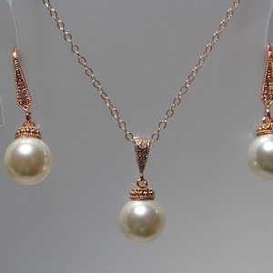 Swarovski Crystal Pearl Set, Pearl Set, Pearl Drop, Pearl Necklace, Pearl Earring, Rose Gold, Pearl, Bride, Bridesmaid, Wedding, Swarovski