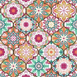 May include: A seamless pattern of colourful, intricate mandala designs. The pattern features a variety of colours, including pink, blue, green, orange, and white. The mandalas are arranged in a repeating pattern, creating a visually appealing and complex design.