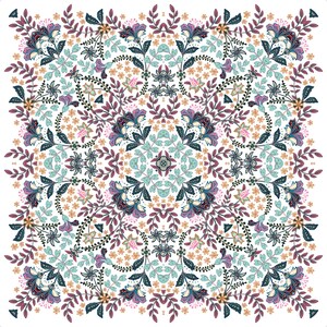 May include: A square patterned design with a floral motif. The pattern features a variety of flowers in shades of pink, blue, and purple, with green leaves and stems. The background is white.