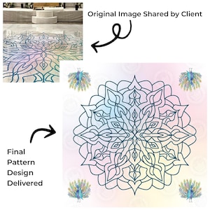 May include: A digitally rendered mandala design in shades of teal and blue, with a gradient background of pink, yellow, and blue. The design is surrounded by peacock illustrations. Text reads "Final Pattern Design Delivered."