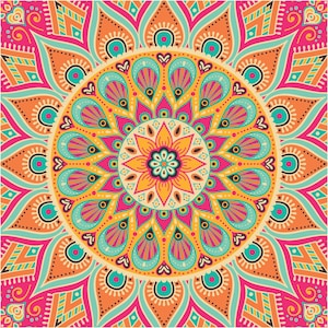 Puede incluir: Un diseño de mandala colorido con detalles intrincados en tonos de rosa, naranja, amarillo, azul y verde. El diseño presenta una flor central con pétalos y un patrón circular de formas repetitivas.