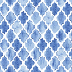 May include: A seamless pattern of blue watercolor quatrefoil shapes on a white background. The pattern is reminiscent of traditional Moroccan tile designs.